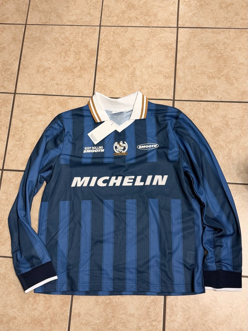 Cotton On Navy and White Long-Sleeve Striped Jersey with Gold Collar Trim